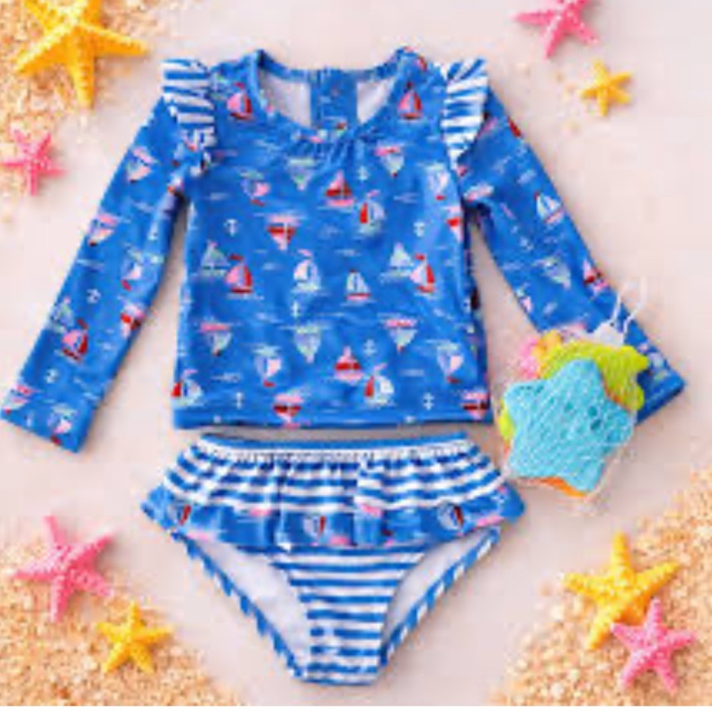 Sperry Blue Sailboat Long-Sleeve Rashguard Swim Set Size 24 Months.